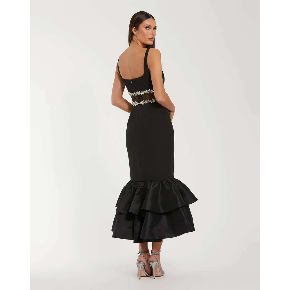 NWT Mac Duggal Black‎ Crepe Ruffle Hem Midi Dress With Jewel Detail - Size 8 - Picture 10 of 14